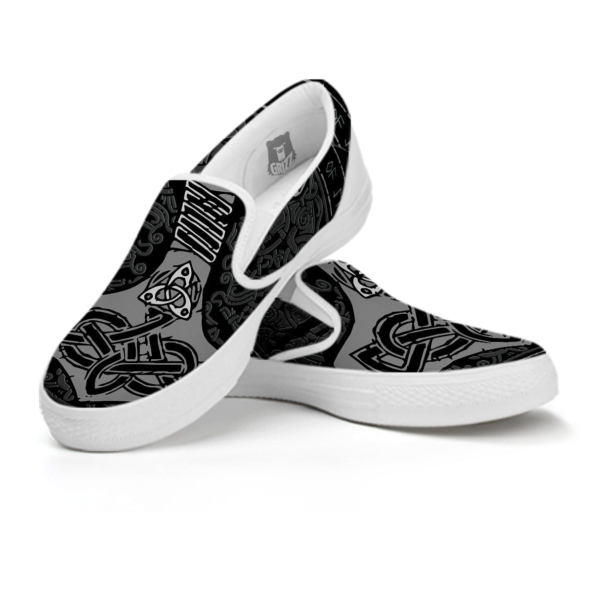 Runes Scandinavian And Mjolnir Print White Slip On Shoes-grizzshop