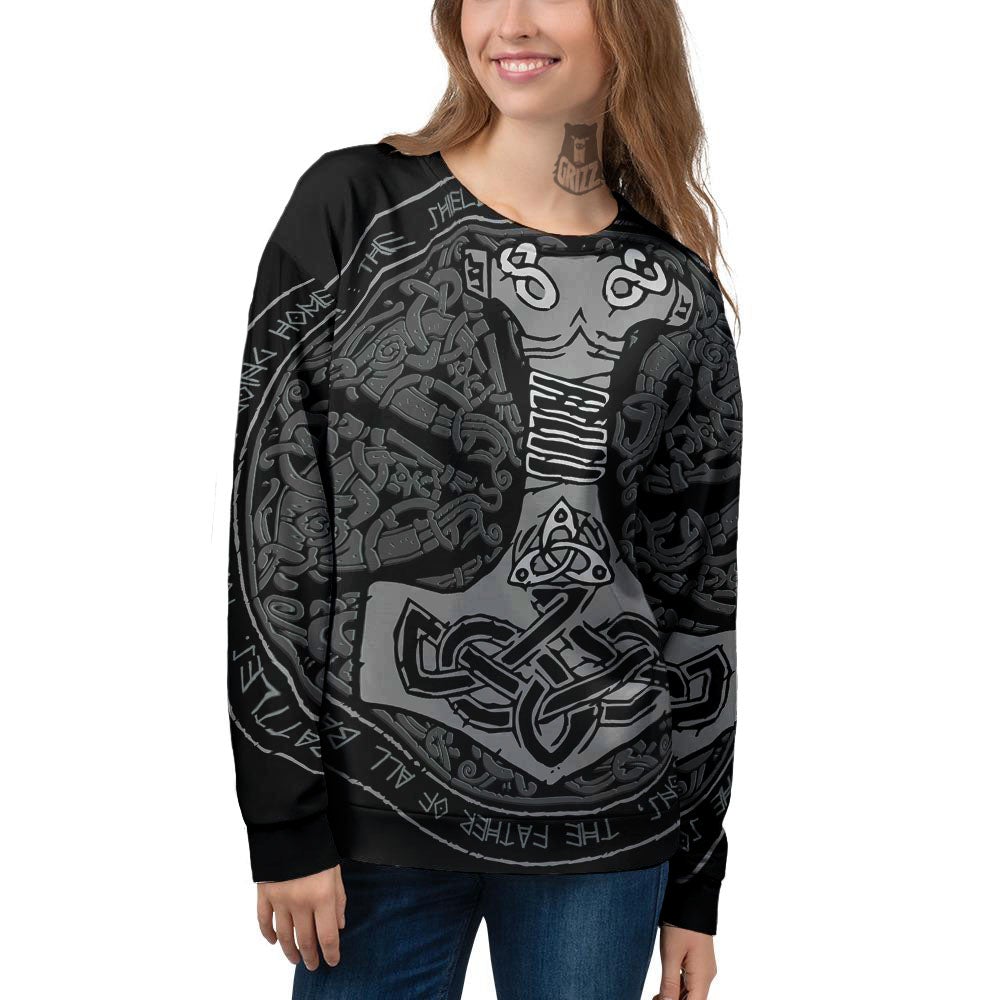 Runes Scandinavian And Mjolnir Print Women's Sweatshirt-grizzshop