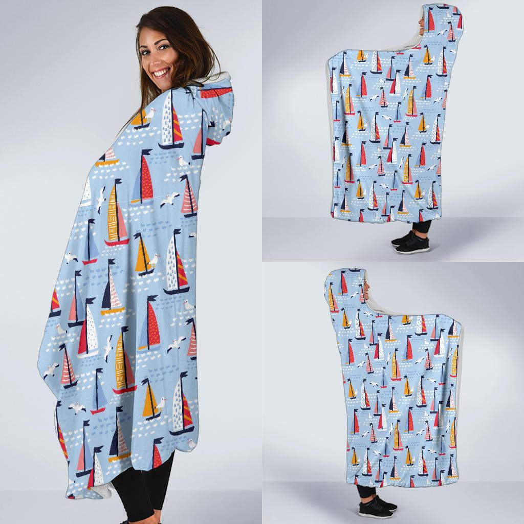 Sailboat Ocean Pattern Print Hooded Blanket-grizzshop