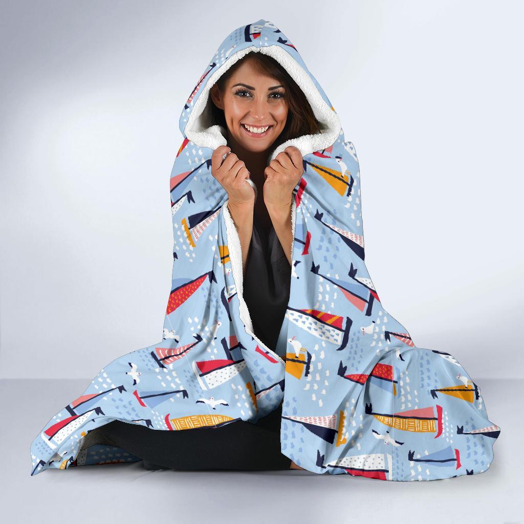 Sailboat Ocean Pattern Print Hooded Blanket-grizzshop