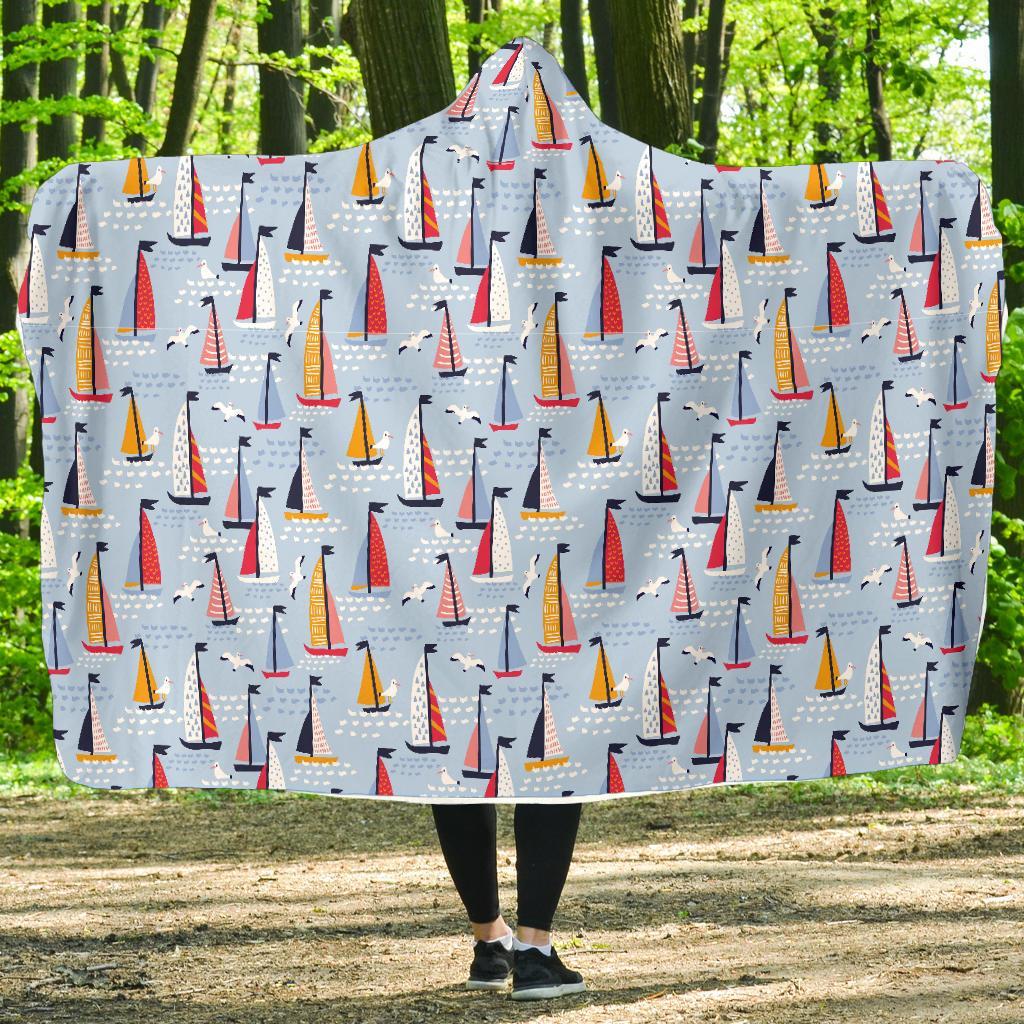 Sailboat Ocean Pattern Print Hooded Blanket-grizzshop