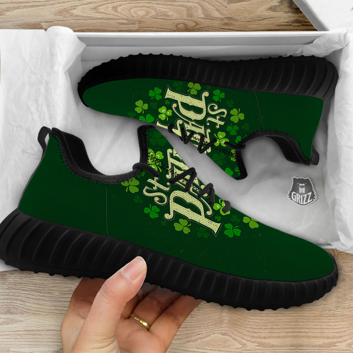 Saint Patrick's Day Green Clover Print Black Walking Shoes-grizzshop