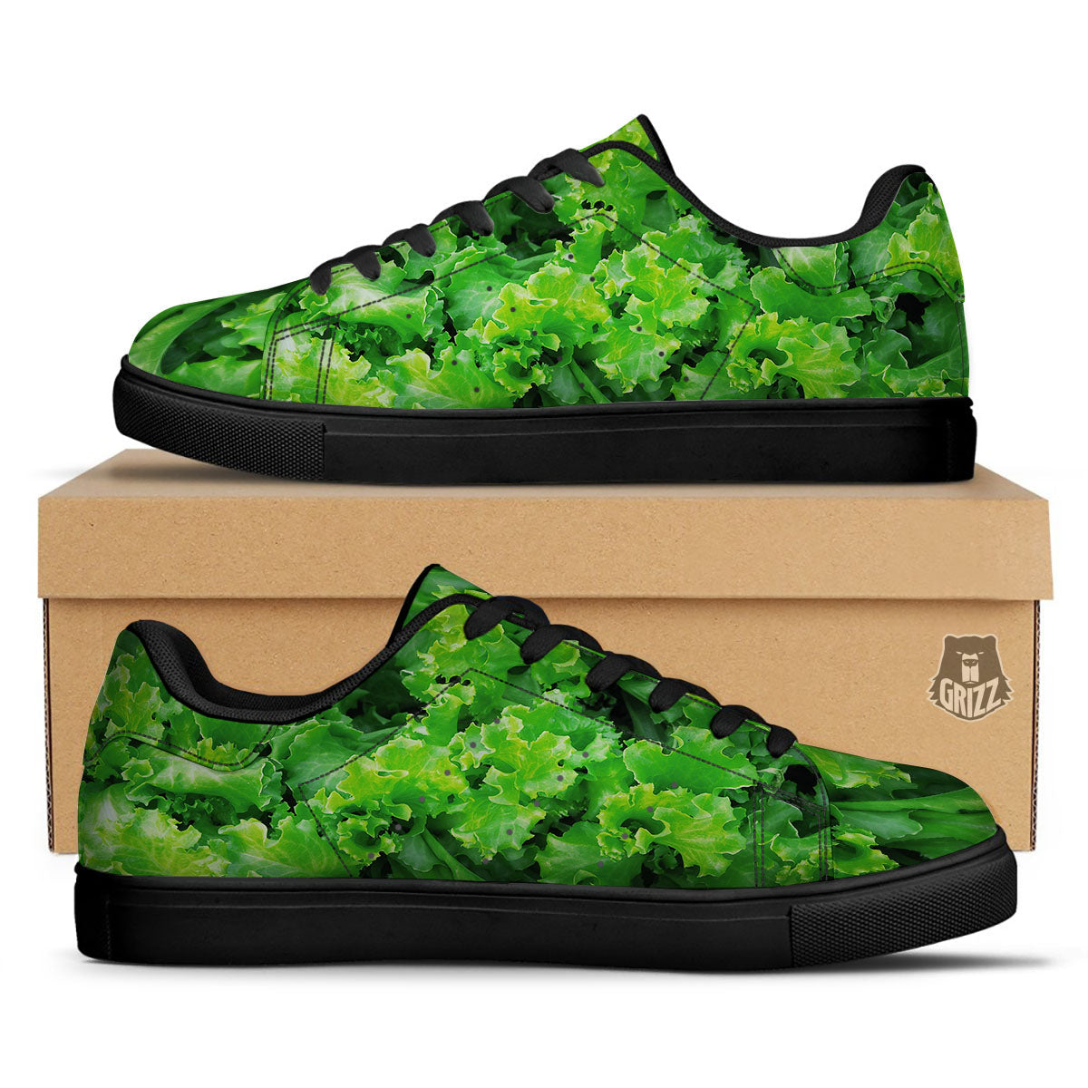 Salad Lettuce Green Print Black Low Top Sneakers-grizzshop