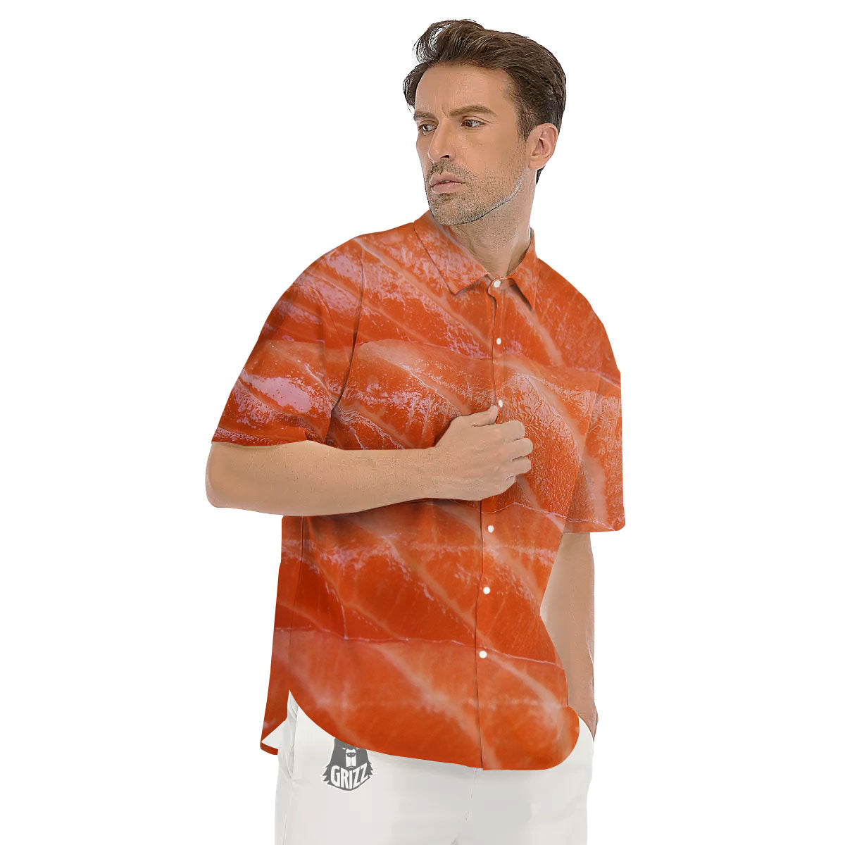 Salmon Print Men's Short Sleeve Shirts-grizzshop