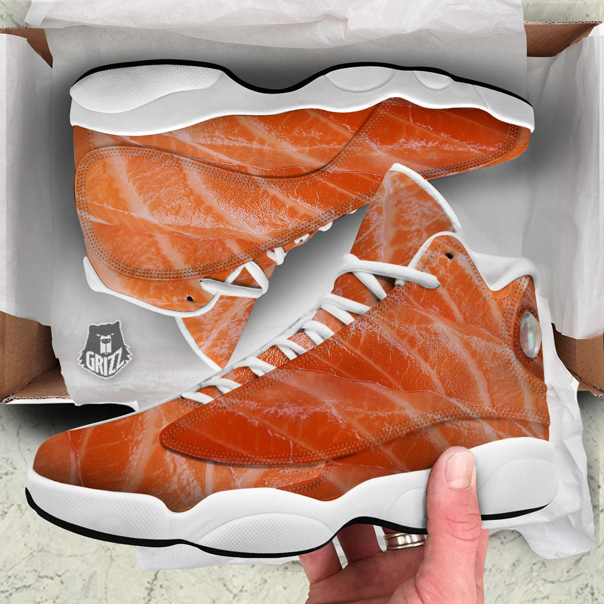 Salmon Print White Basketball Shoes-grizzshop