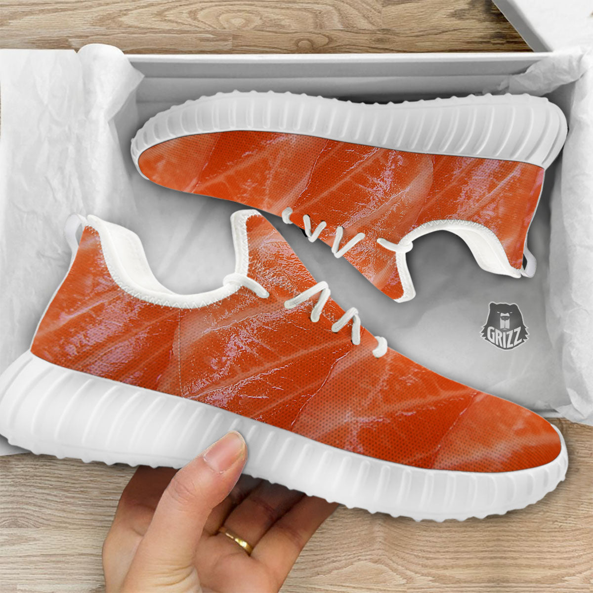 Salmon Print White Walking Shoes-grizzshop