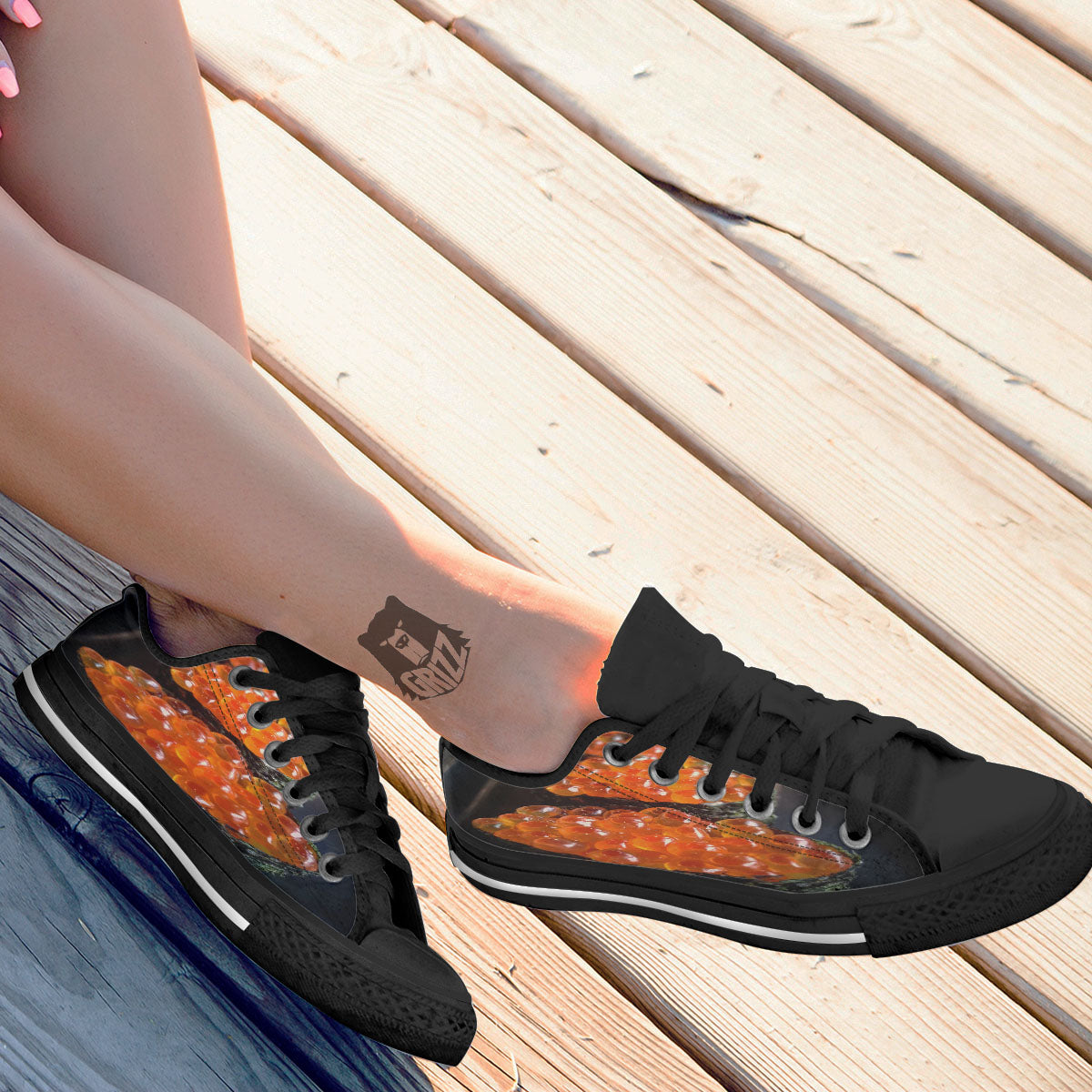 Salmon Roe Sushi Print Black Low Top Shoes-grizzshop