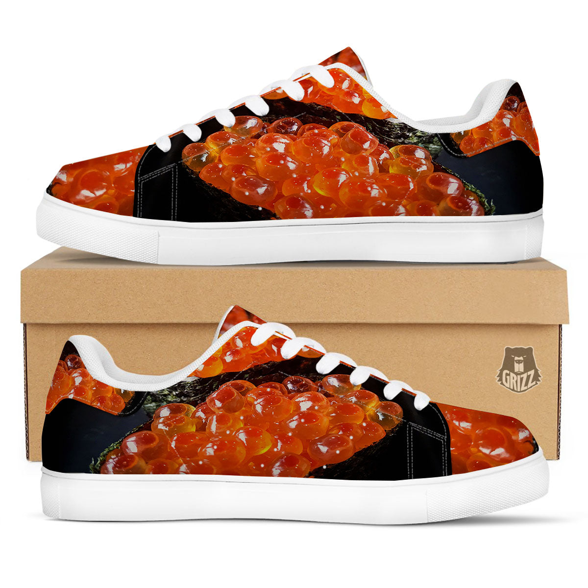 Salmon Roe Sushi Print White Low Top Sneakers-grizzshop