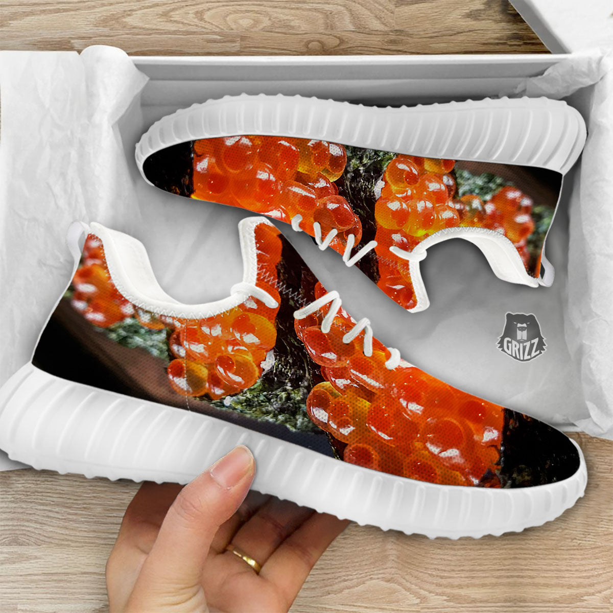 Salmon Roe Sushi Print White Walking Shoes-grizzshop