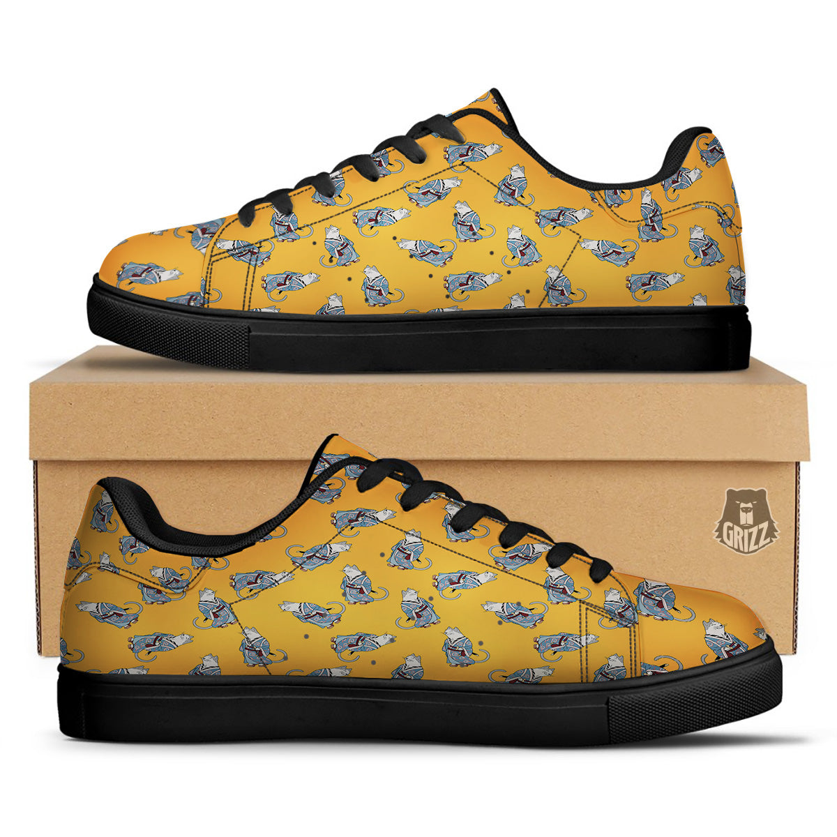 Samurai Cat Print Pattern Black Low Top Sneakers-grizzshop