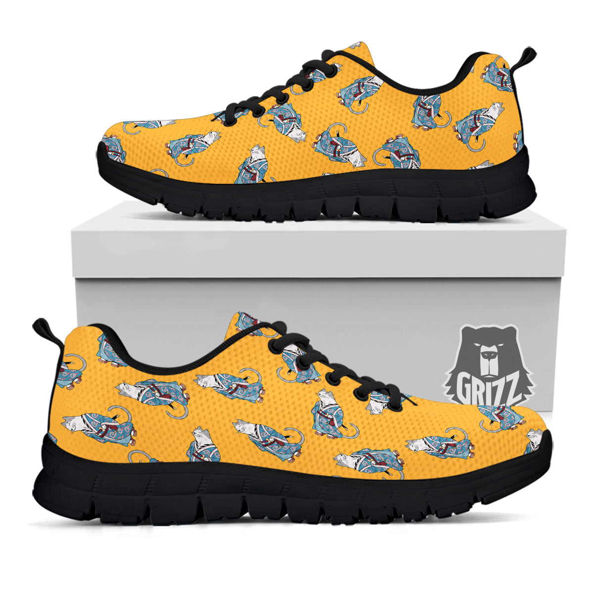 Samurai Cat Print Pattern Black Sneaker-grizzshop