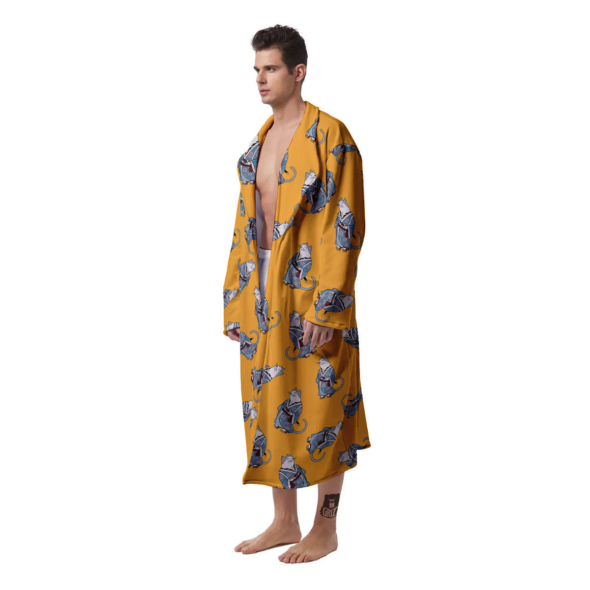 Samurai Cat Print Pattern Men's Robe-grizzshop