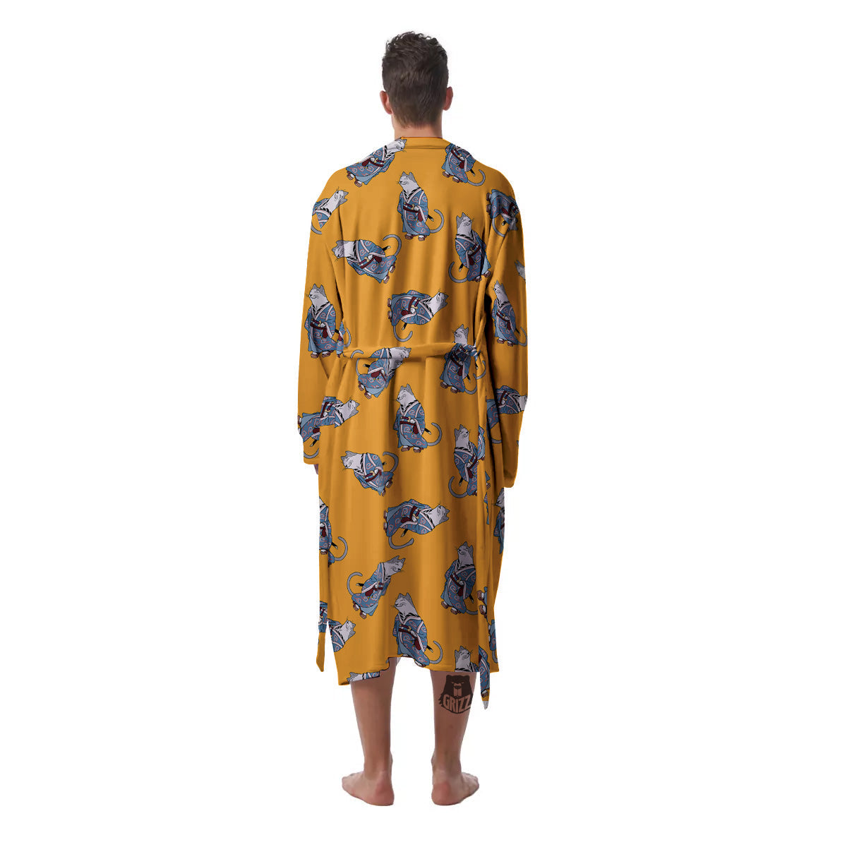 Samurai Cat Print Pattern Men's Robe-grizzshop