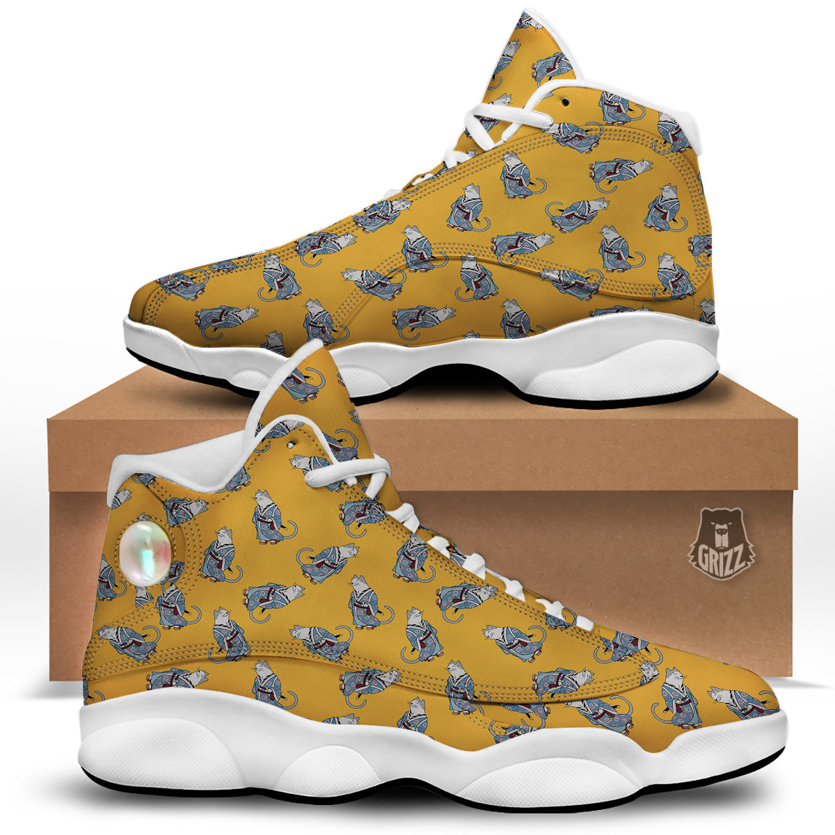 Samurai Cat Print Pattern White Basketball Shoes-grizzshop