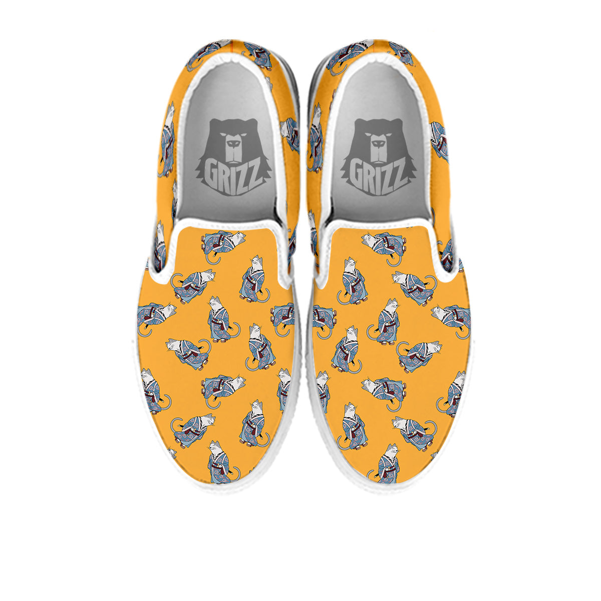 Samurai Cat Print Pattern White Slip On Shoes-grizzshop