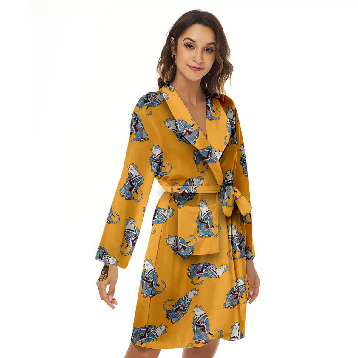 Samurai Cat Print Pattern Women's Robe-grizzshop