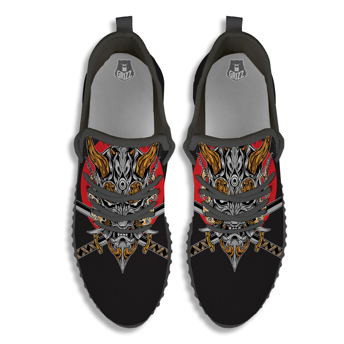 Samurai Demon Print Black Walking Shoes-grizzshop