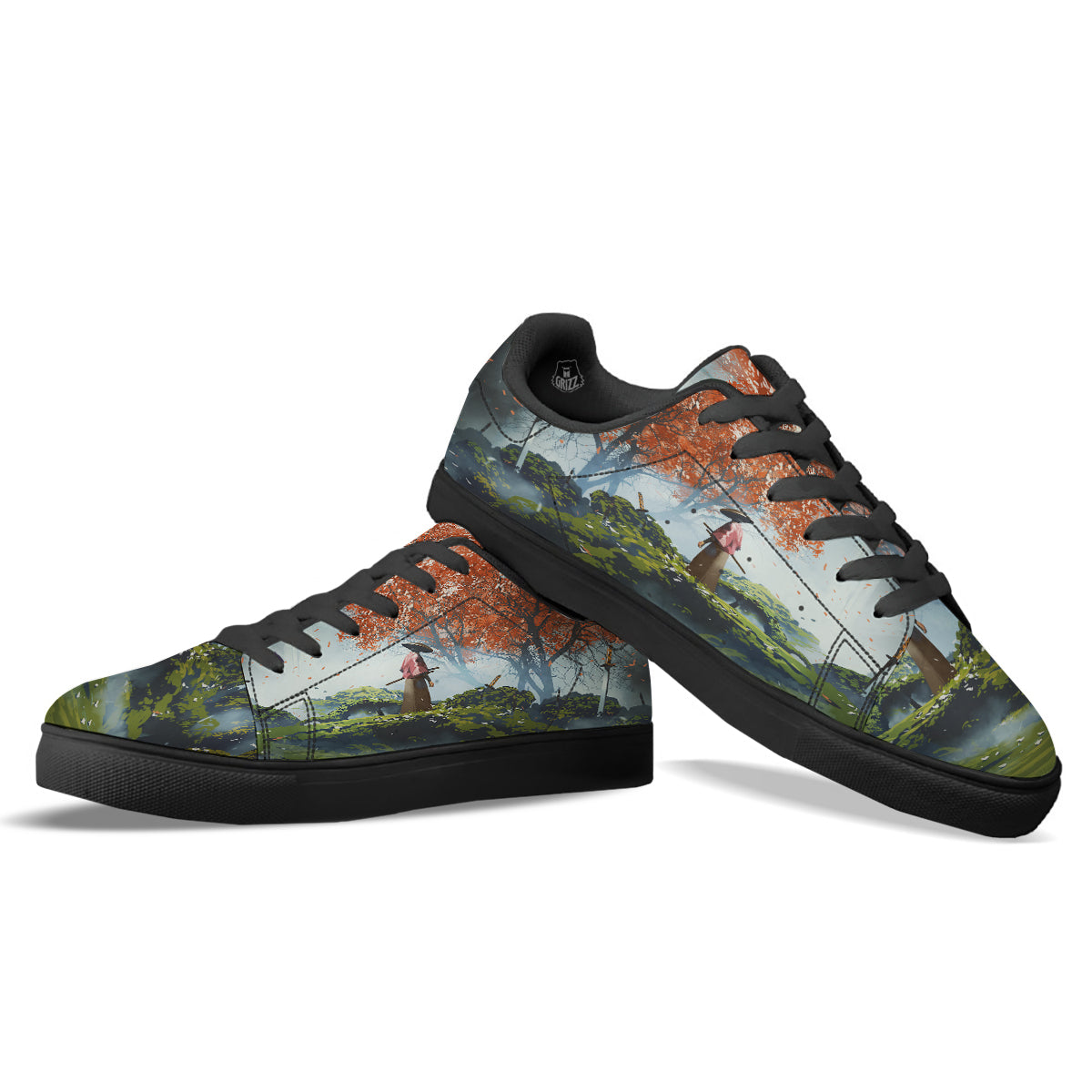 Samurai Fantasy Print Black Low Top Sneakers-grizzshop