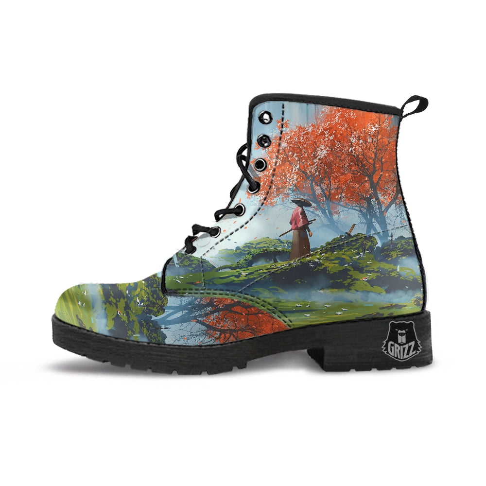 Samurai Fantasy Print Leather Boots-grizzshop