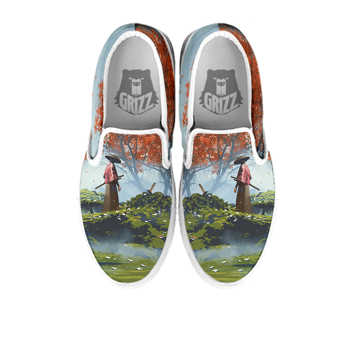 Samurai Fantasy Print White Slip On Shoes-grizzshop
