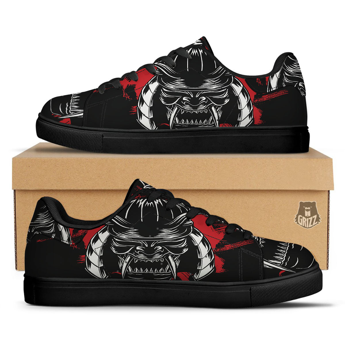 Samurai Mask Old Japanese Print Black Low Top Sneakers-grizzshop