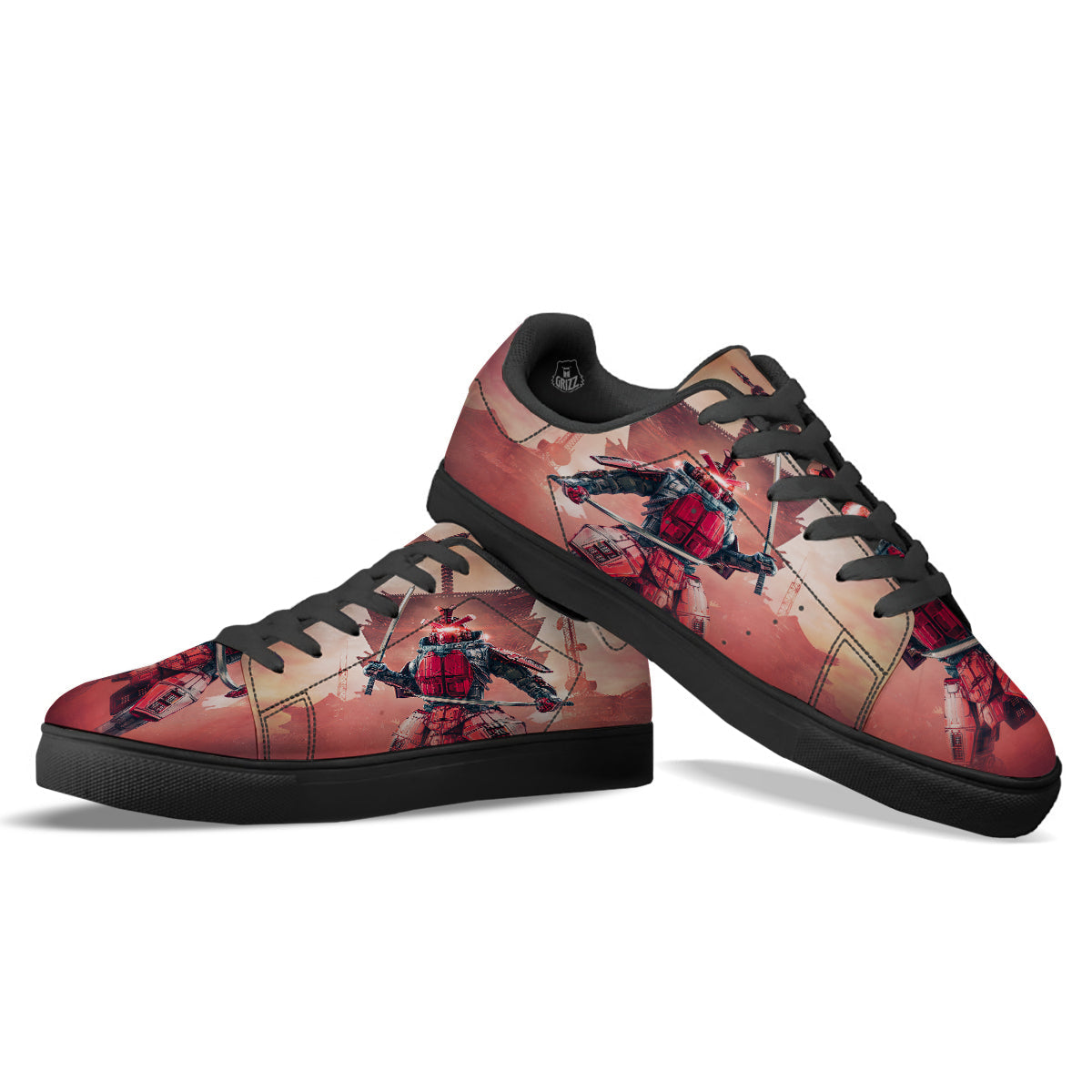 Samurai Robot Print Black Low Top Sneakers-grizzshop