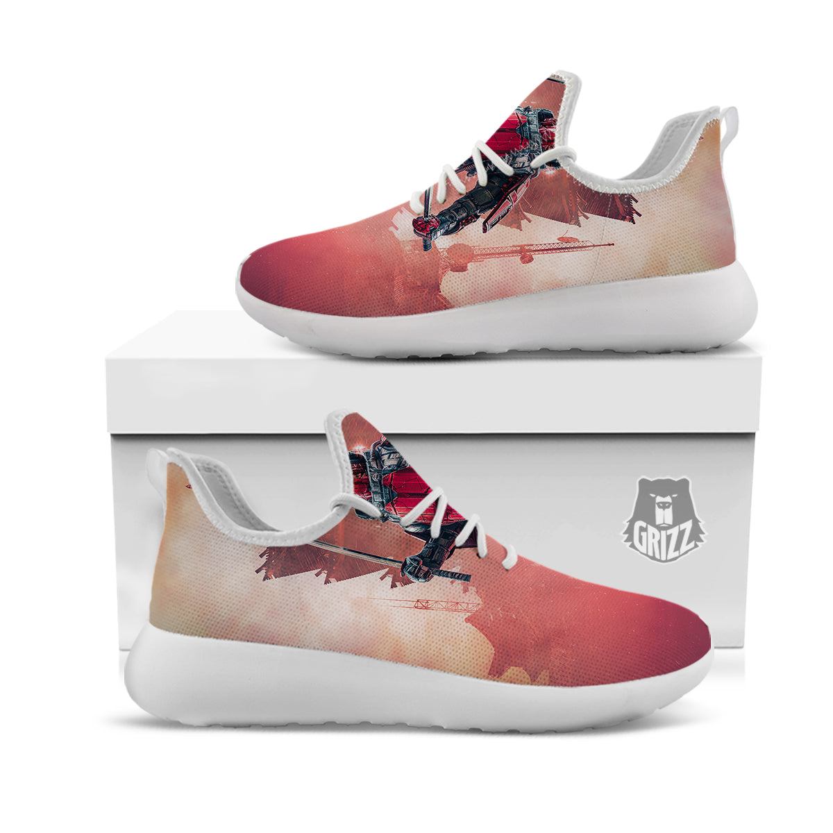 Samurai Robot Print White Athletic Shoes-grizzshop