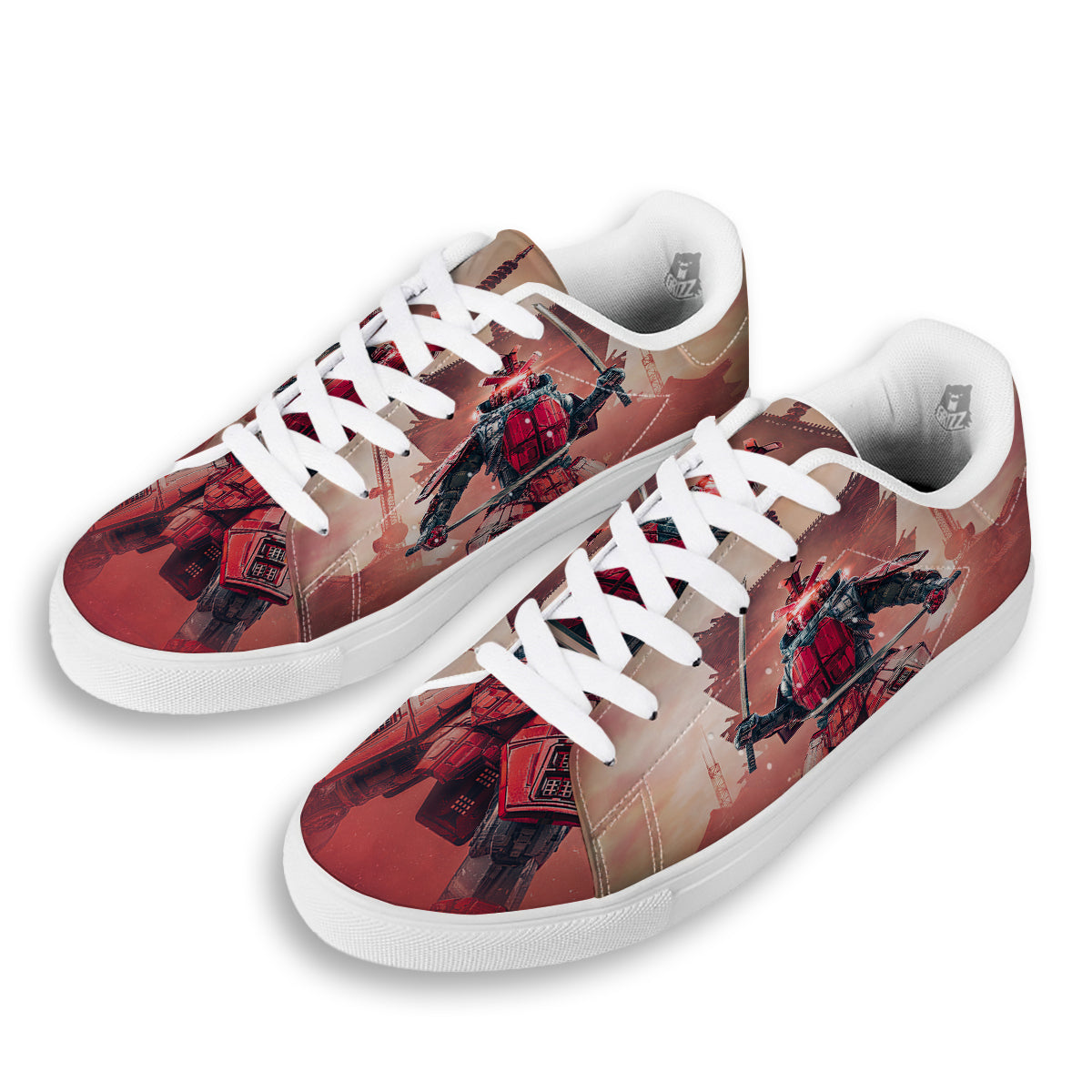 Samurai Robot Print White Low Top Sneakers-grizzshop