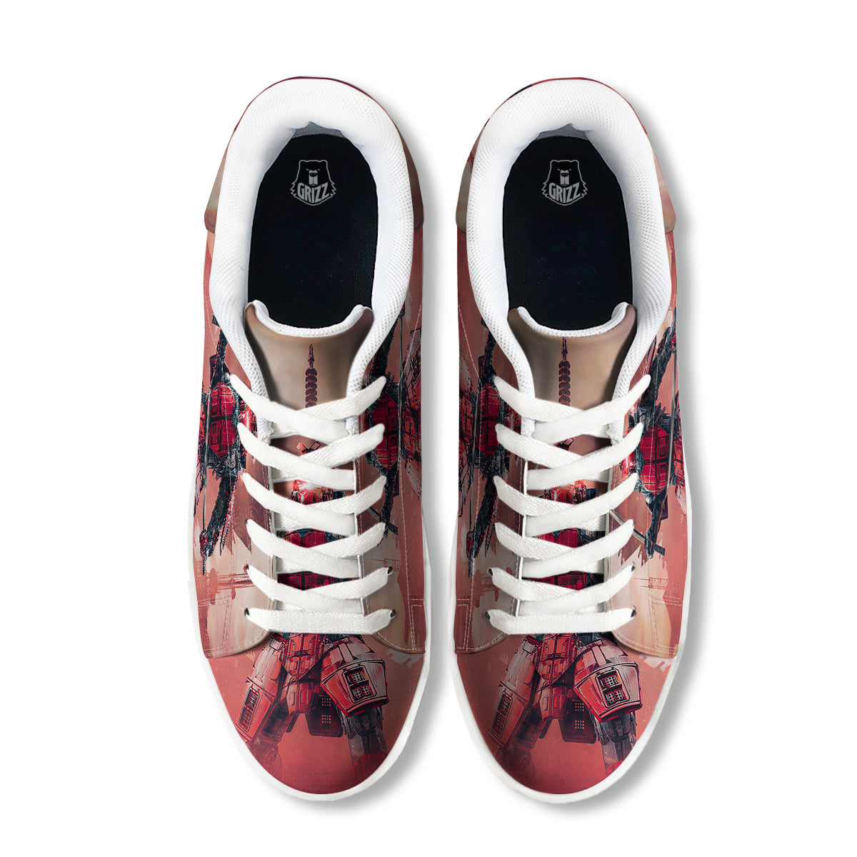Samurai Robot Print White Low Top Sneakers-grizzshop