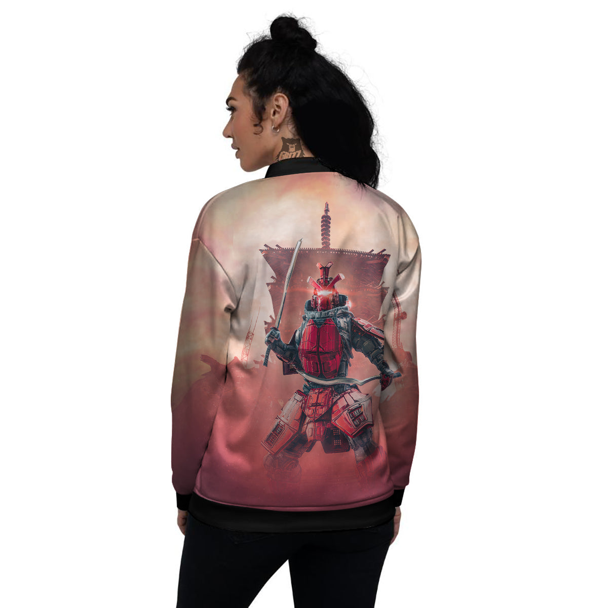 Samurai Robot Print Women's Bomber Jacket-grizzshop