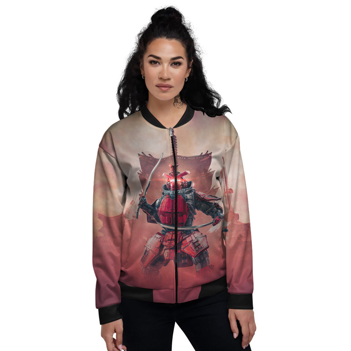 Samurai Robot Print Women's Bomber Jacket-grizzshop