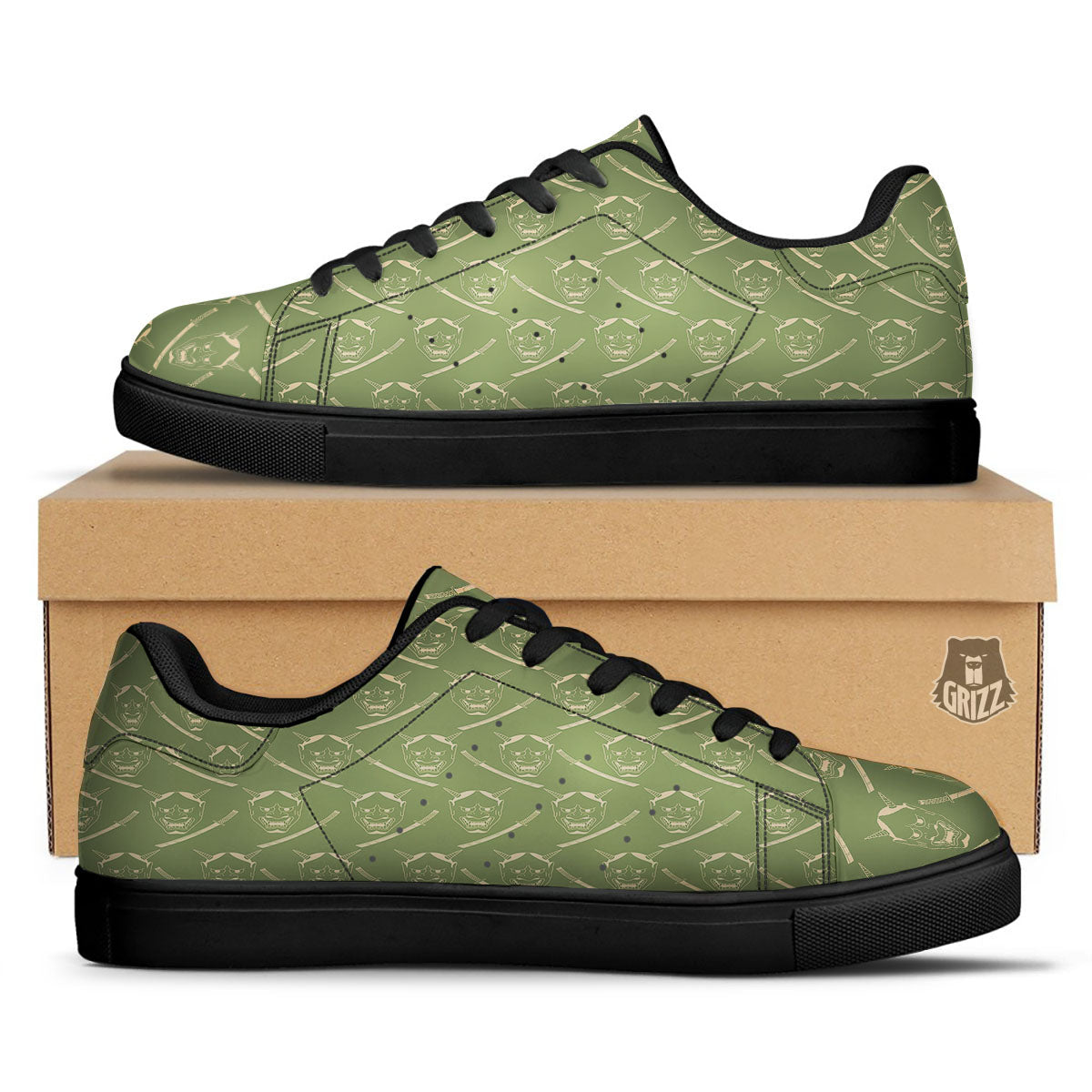 Samurai Warrior Mask Japanese Print Pattern Black Low Top Sneakers-grizzshop