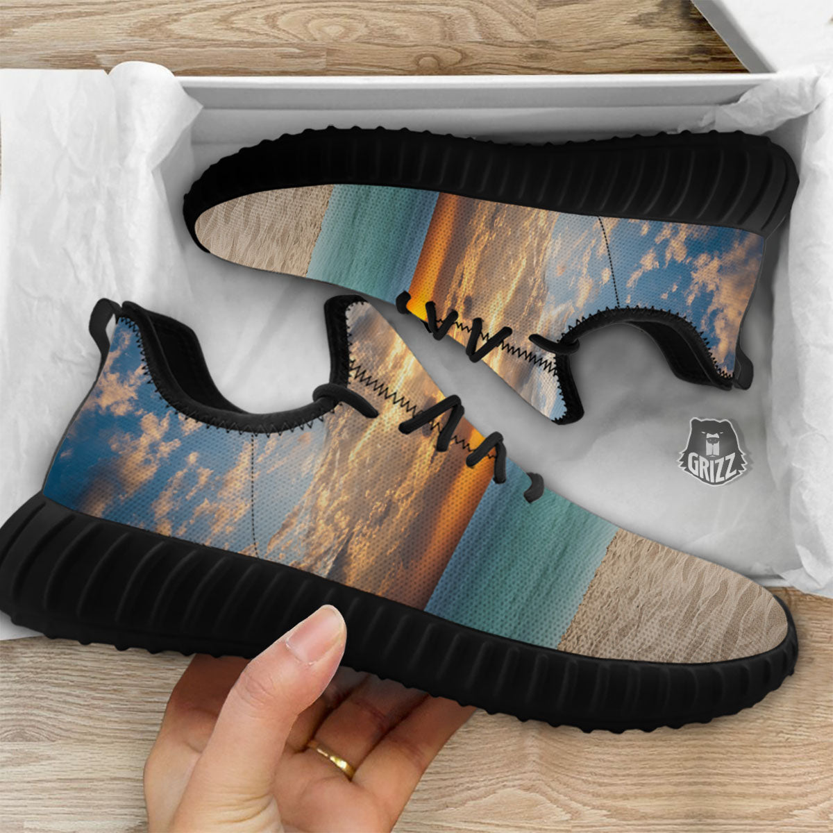 Sand Beach And Sunset Print Black Walking Shoes-grizzshop