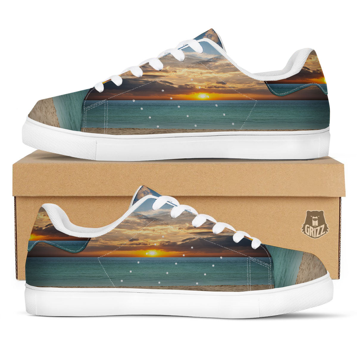 Sand Beach And Sunset Print White Low Top Sneakers-grizzshop