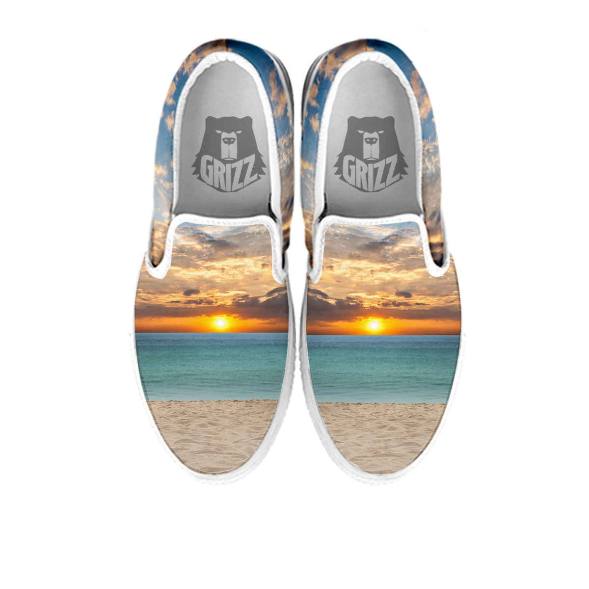 Sand Beach And Sunset Print White Slip On Shoes-grizzshop