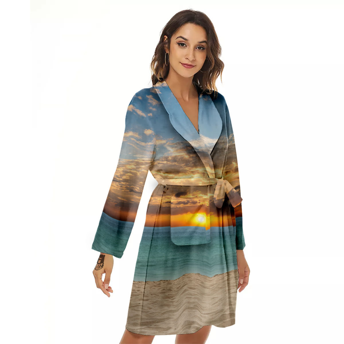 Sand Beach And Sunset Print Women's Robe-grizzshop