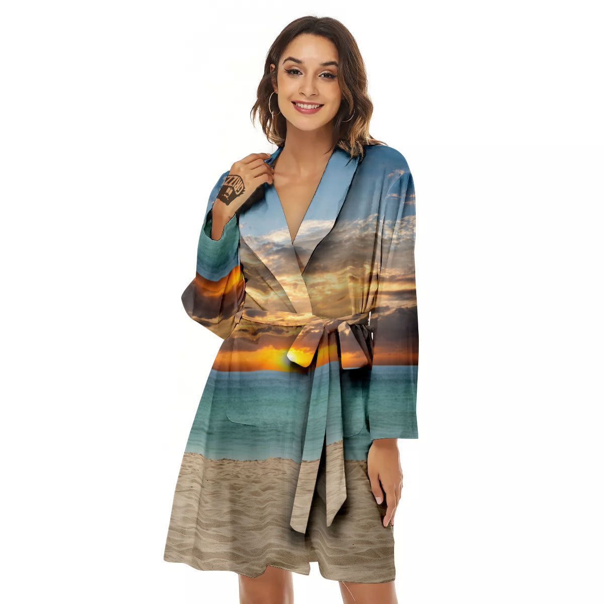 Sand Beach And Sunset Print Women's Robe-grizzshop