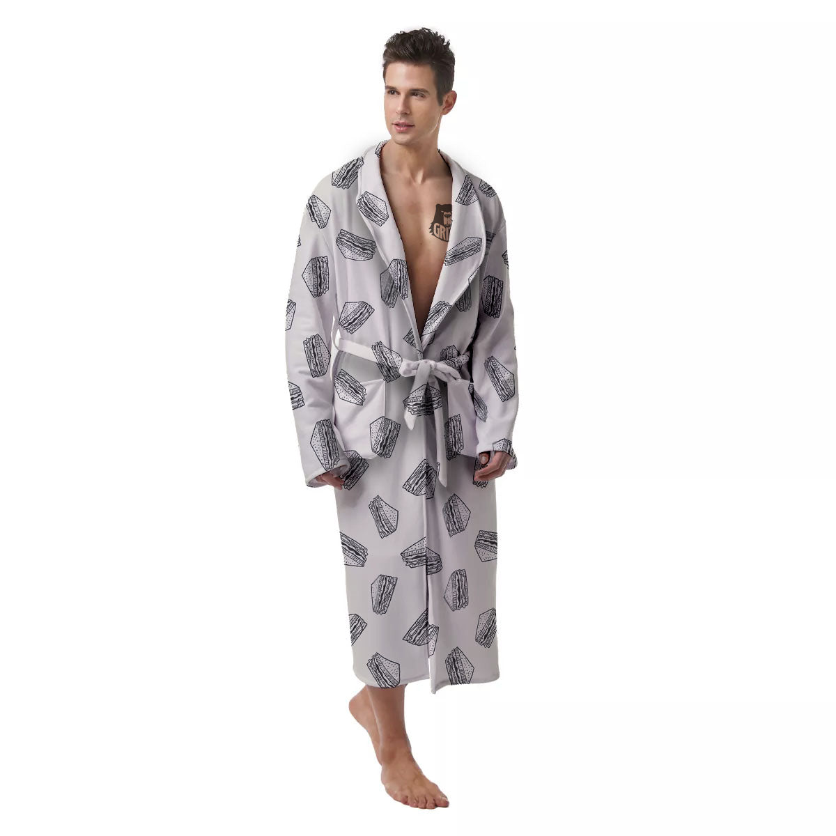 Sandwich Grey Doodle Print Pattern Men's Robe-grizzshop