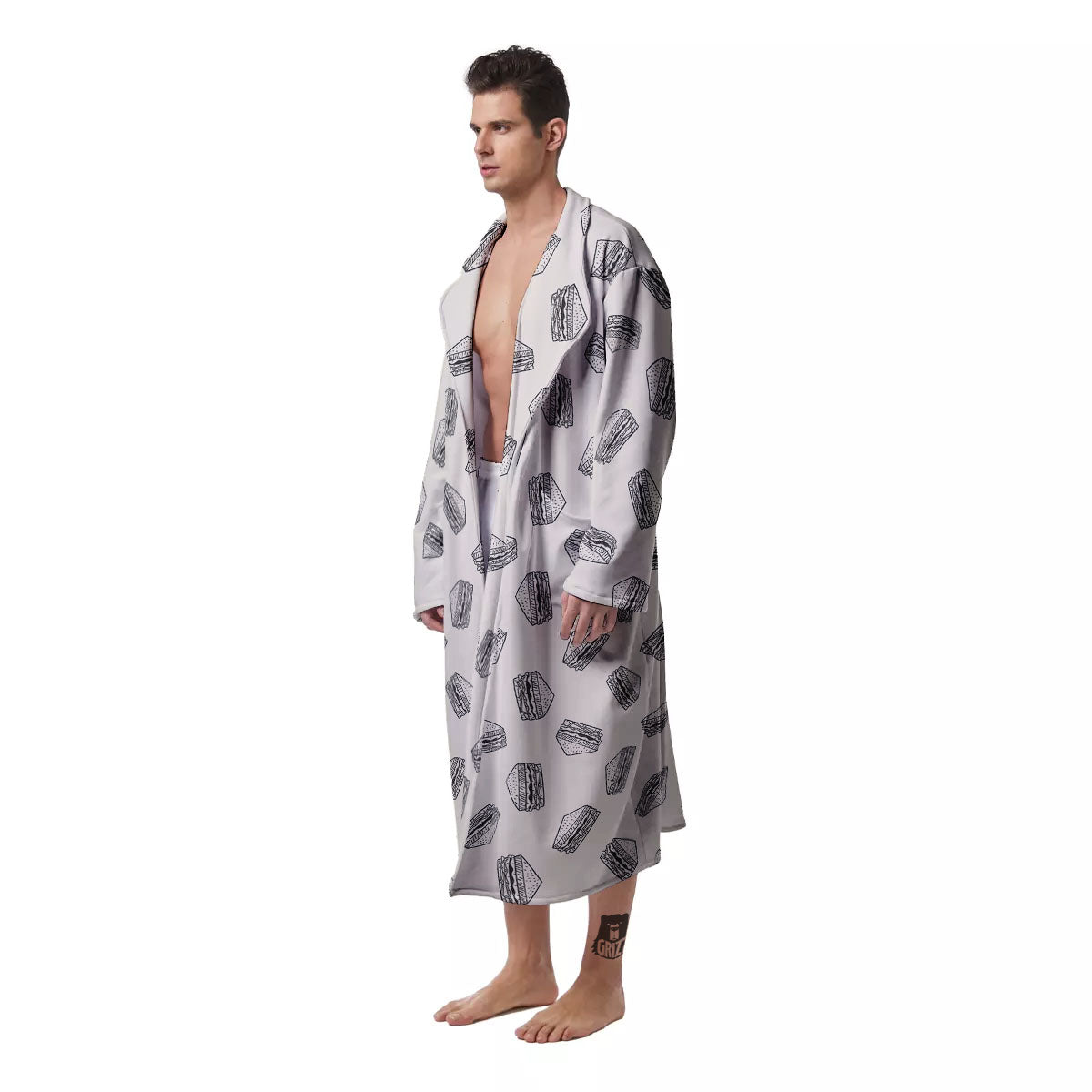 Sandwich Grey Doodle Print Pattern Men's Robe-grizzshop