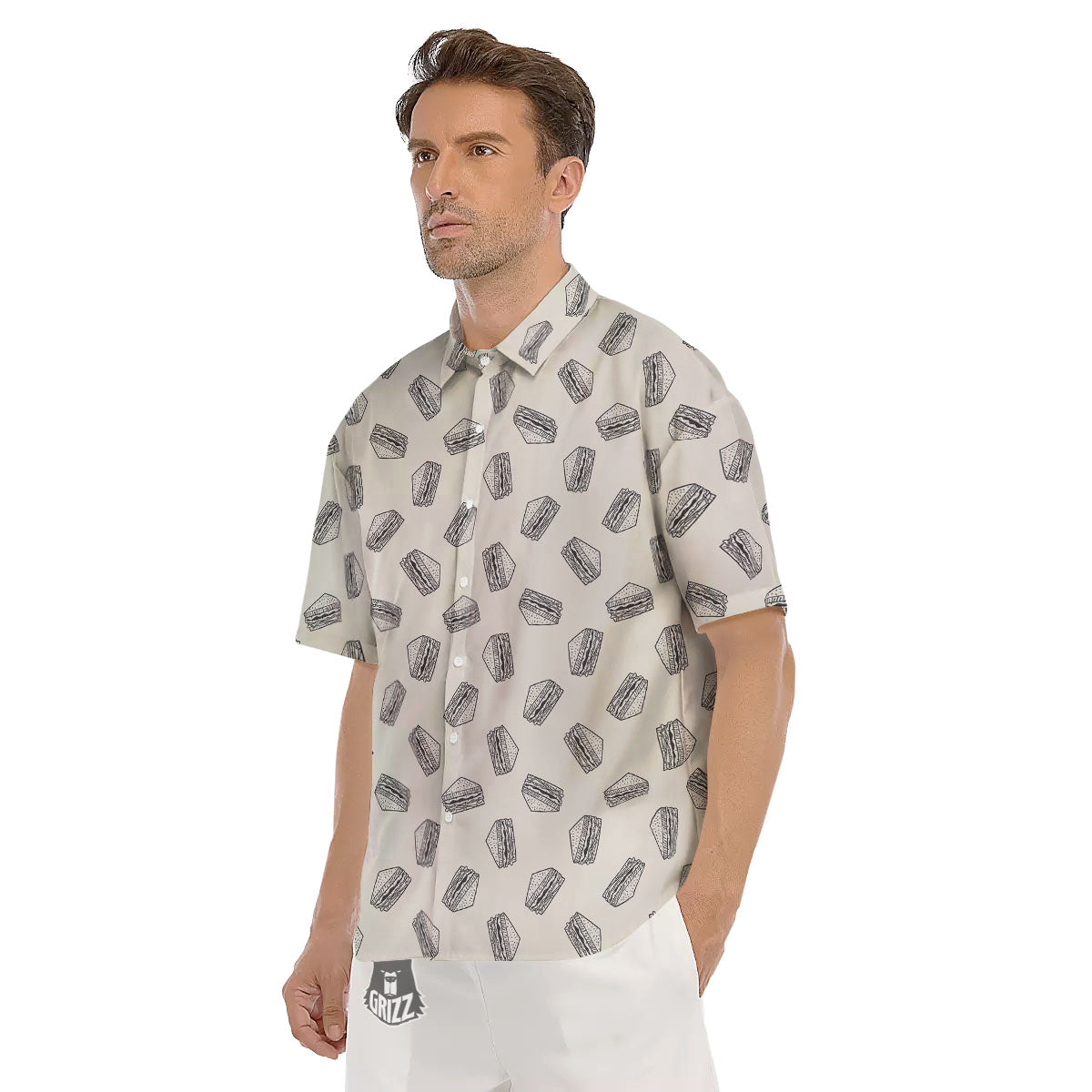 Sandwich Grey Doodle Print Pattern Men's Short Sleeve Shirts-grizzshop