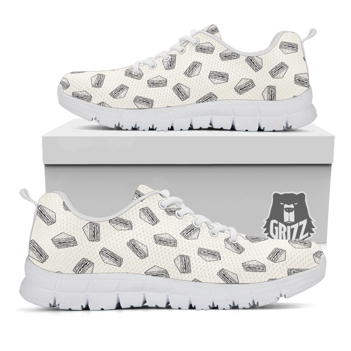 Sandwich Grey Doodle Print Pattern White Sneaker-grizzshop