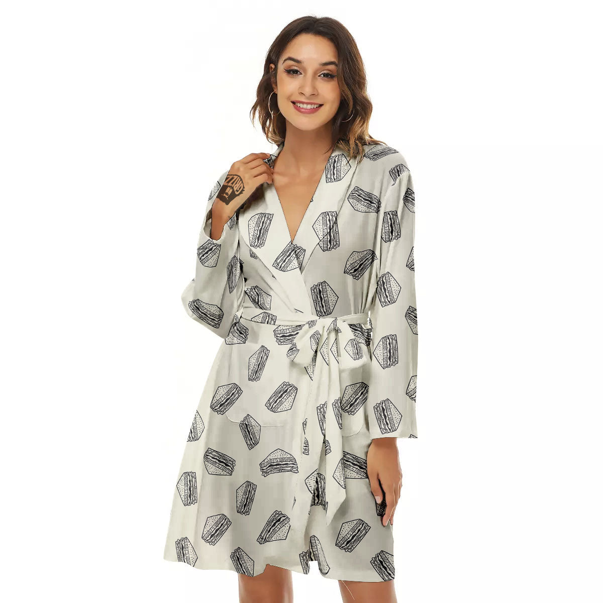 Sandwich Grey Doodle Print Pattern Women's Robe-grizzshop