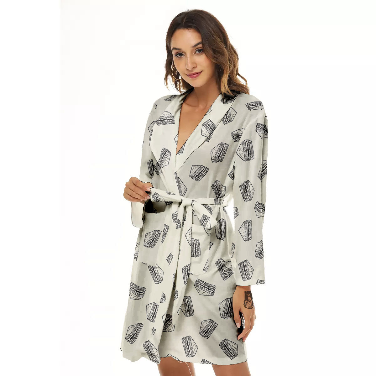 Sandwich Grey Doodle Print Pattern Women's Robe-grizzshop