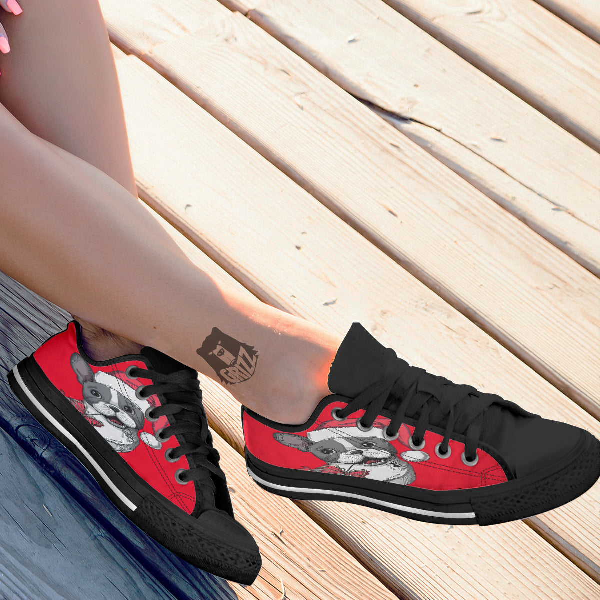 Santa Christmas French Bulldog Print Black Low Top Shoes-grizzshop