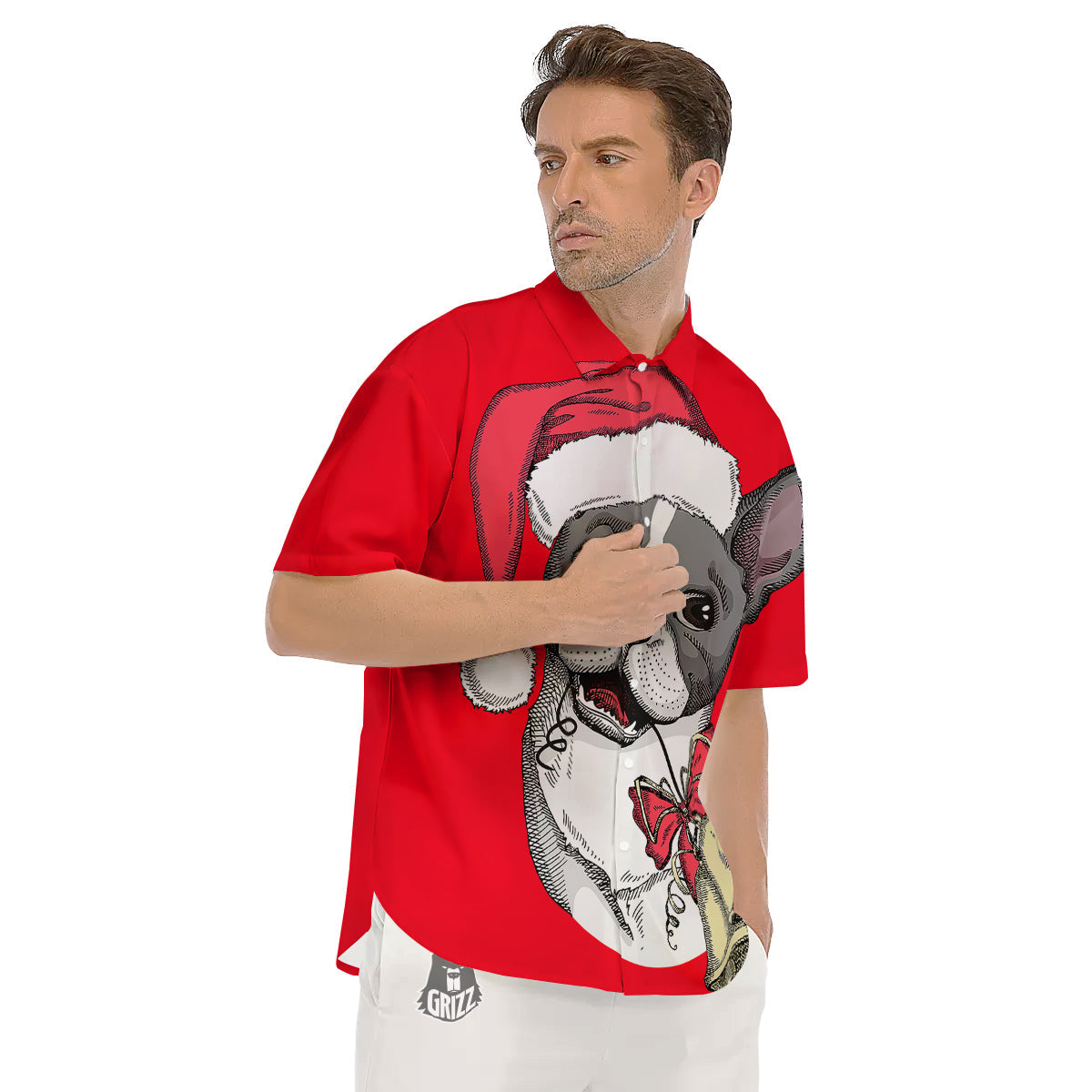 Santa Christmas French Bulldog Print Men's Short Sleeve Shirts-grizzshop