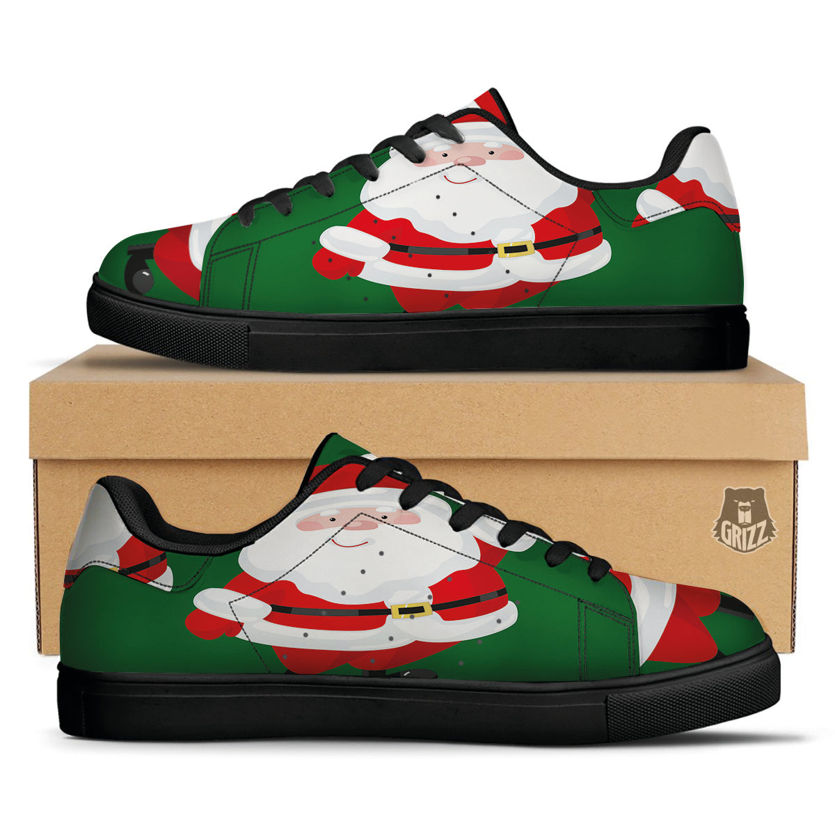 Santa Claus Cartoon Print Black Low Top Sneakers-grizzshop
