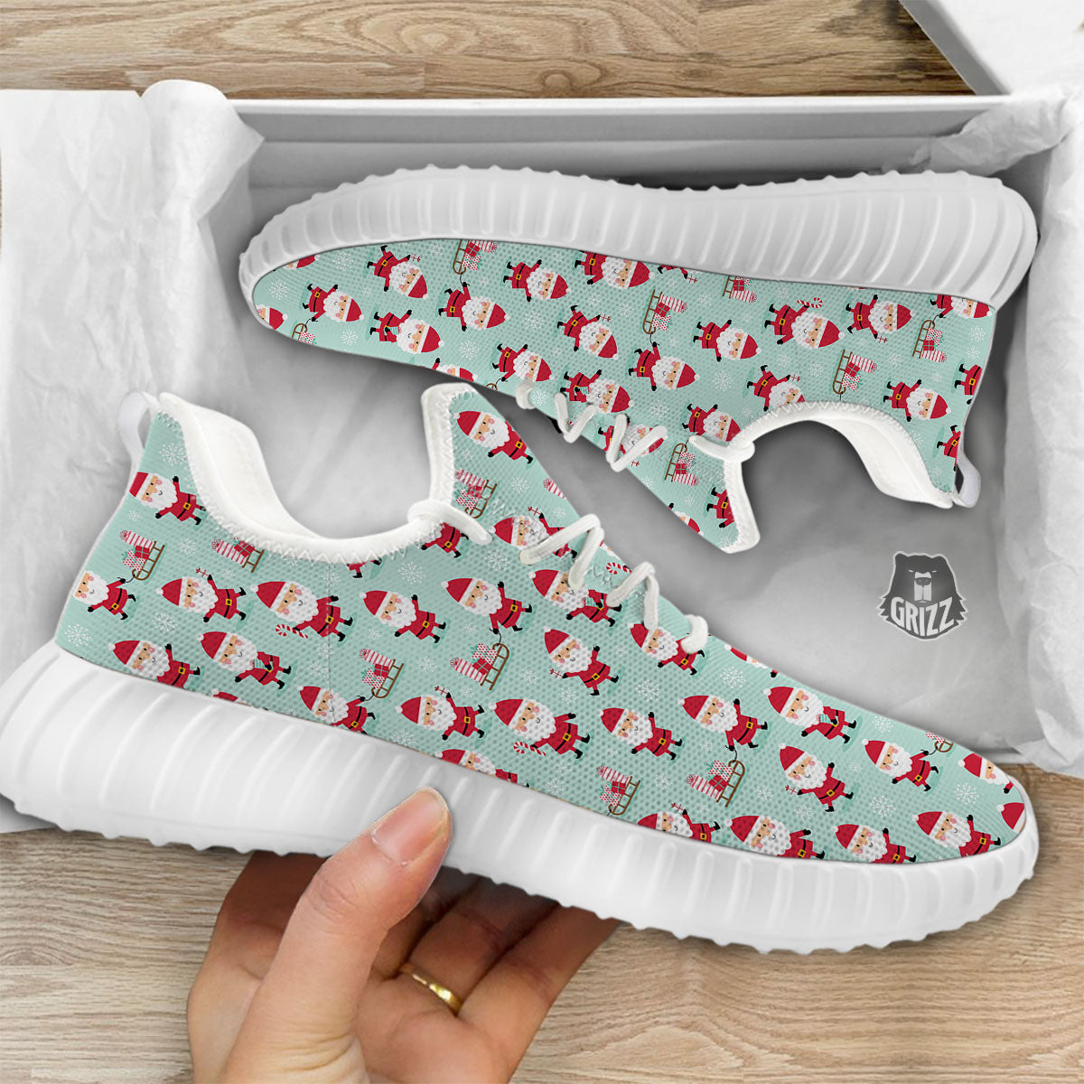 Santa Claus Cartoon Print Pattern White Walking Shoes-grizzshop