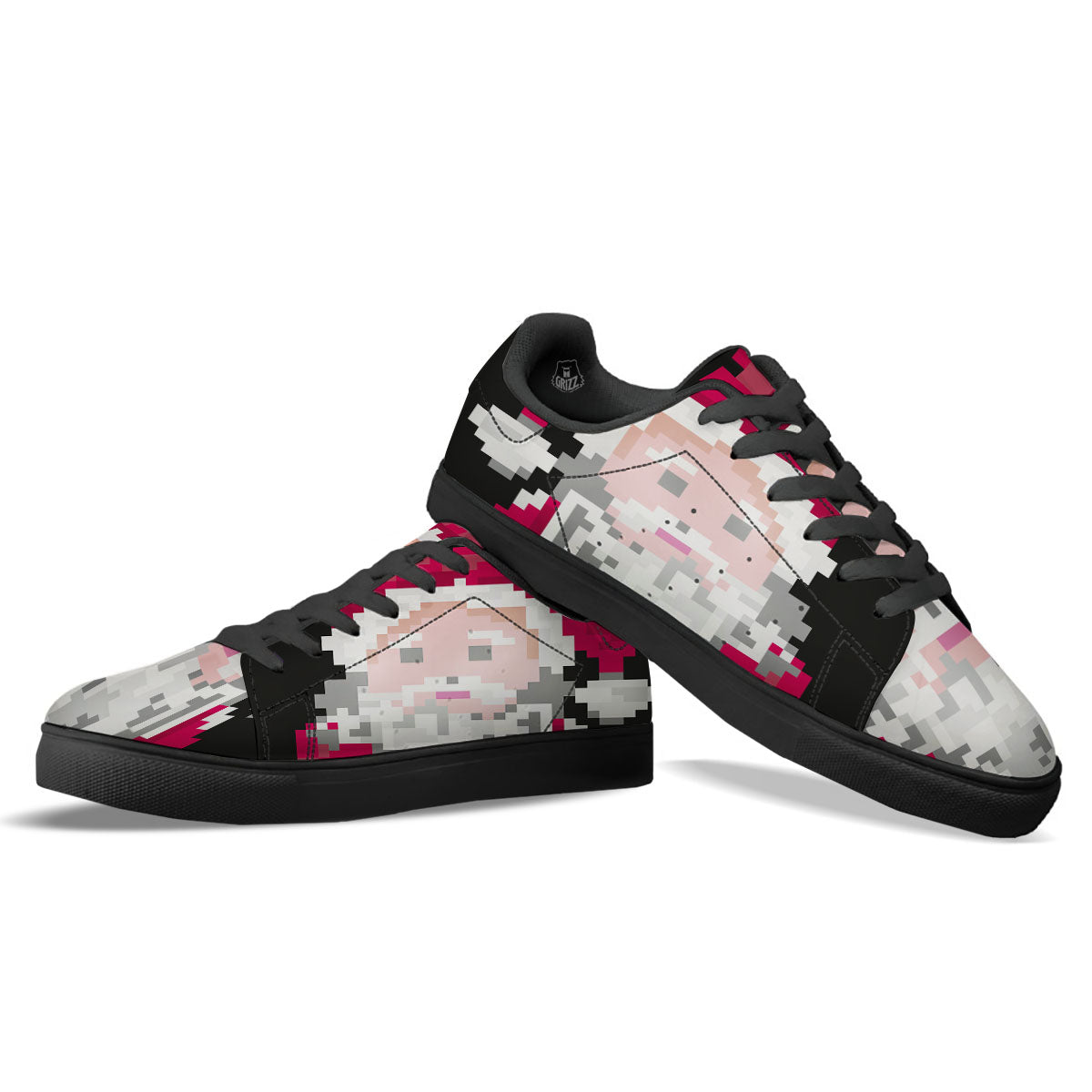 Santa Claus Christmas Pixel Print Black Low Top Sneakers-grizzshop