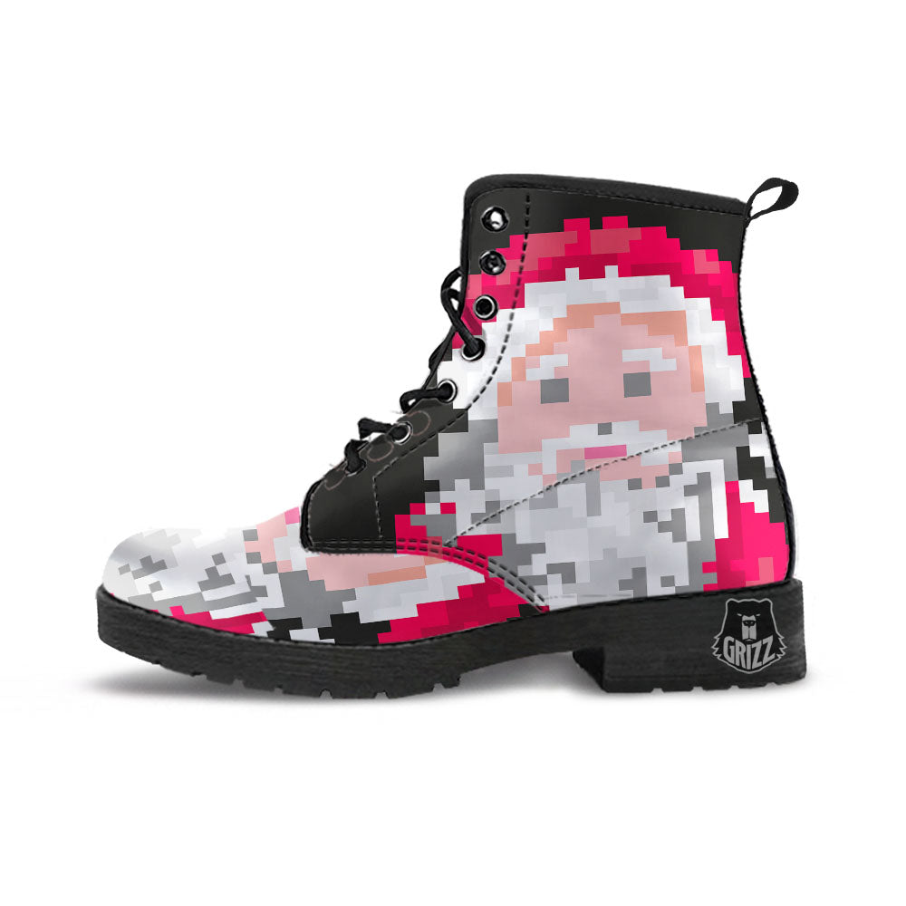 Santa Claus Christmas Pixel Print Leather Boots-grizzshop