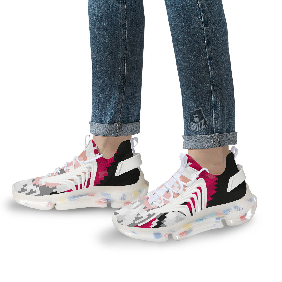 Santa Claus Christmas Pixel Print White Gym Shoes-grizzshop